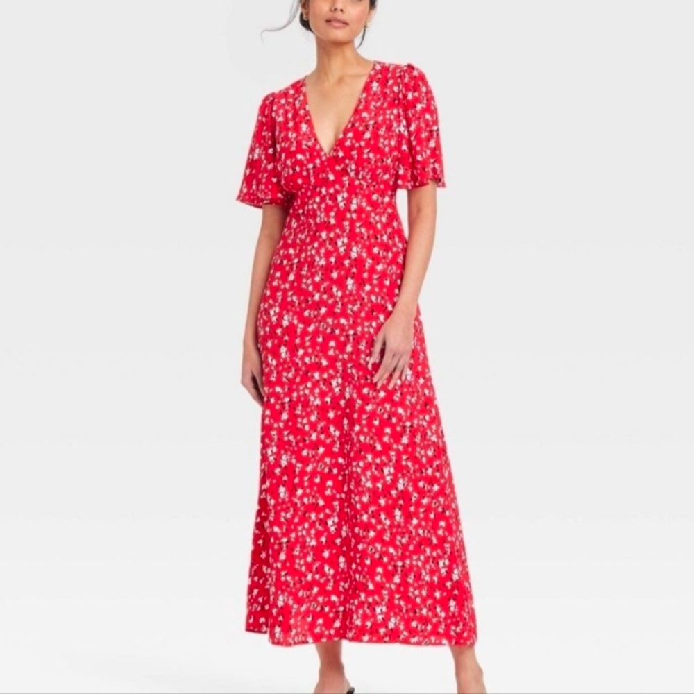 A‎ New Day target red floral tea dress midi new size 2